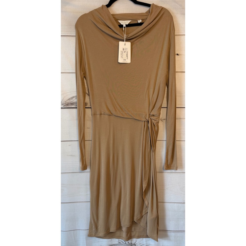 Ted Baker London Neyda Cowl Neck Side Knot Jersey Dress Camel Tan Size 3 L